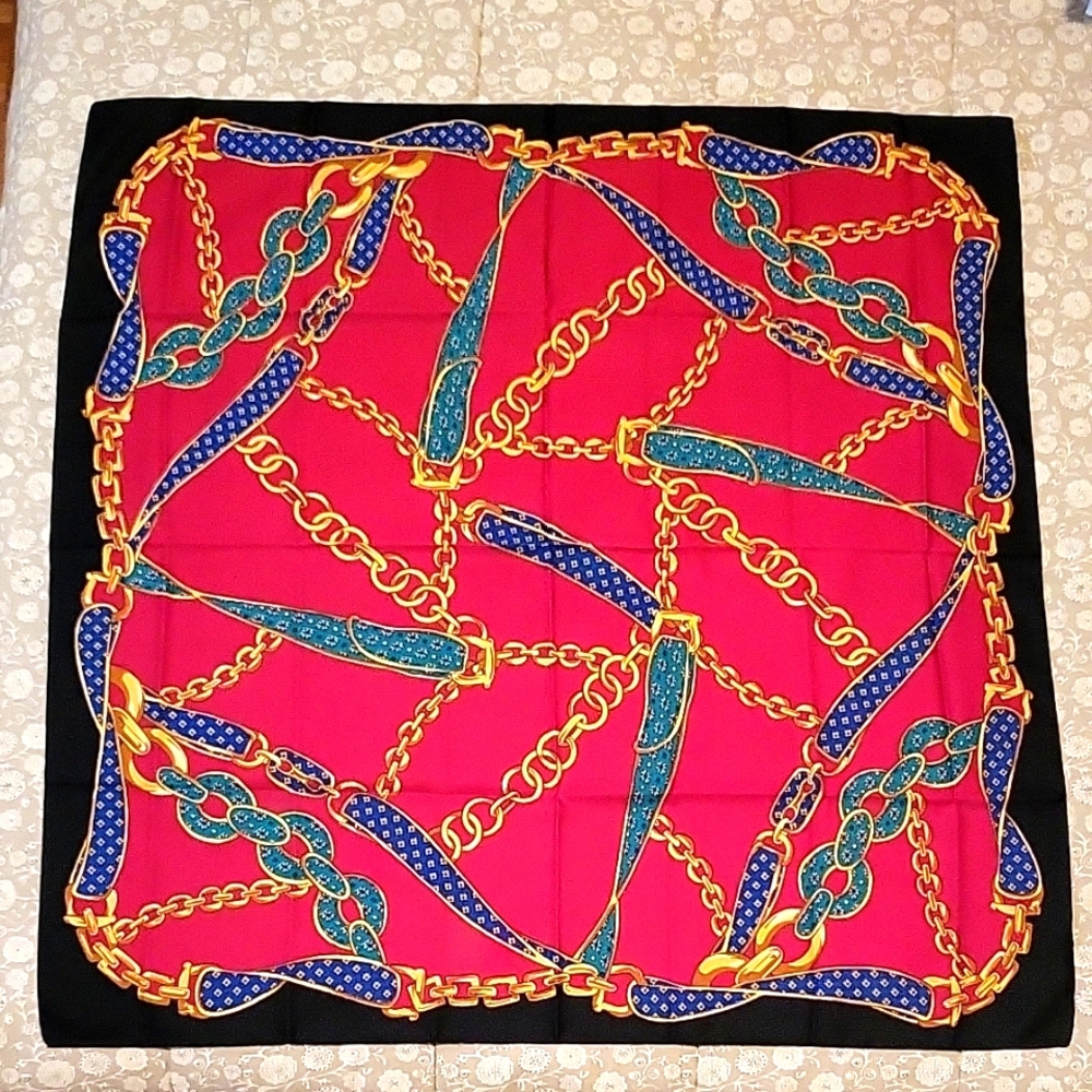 NEW Italian Jewel-tone Silky Scarf, Abstract Chains & Belts Pattern, 30" square
